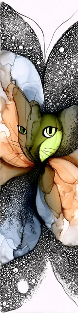 Free abstract cat art bookmarks featuring a green cat face on gray abstract art